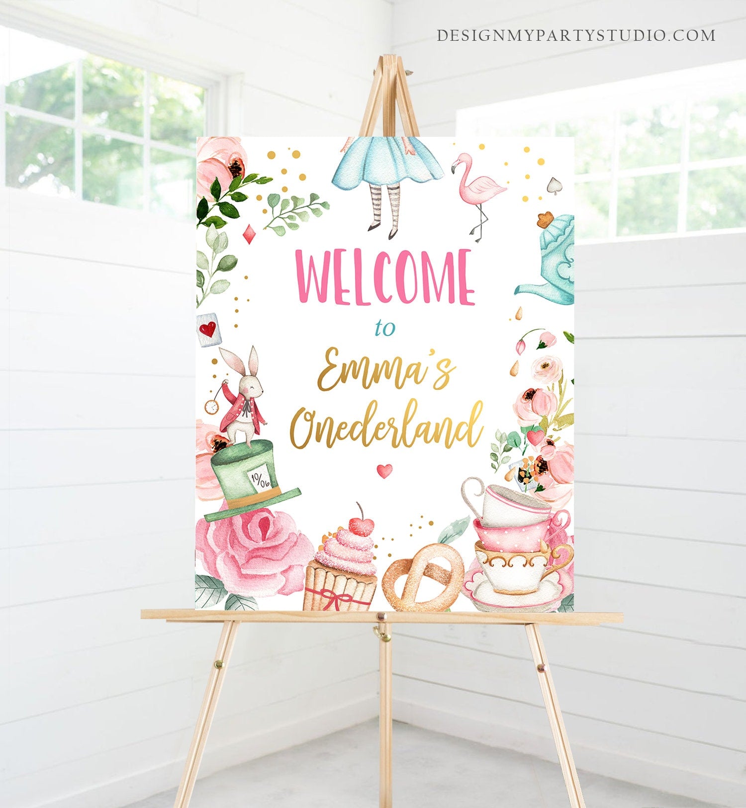 Editable Alice in Wonderland Welcome Sign Alice in Onederland Birthday Sign Girl Pink Mad Tea Party Shower Template Corjl PRINTABLE 0350