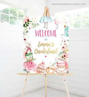 Editable Alice in Wonderland Welcome Sign Alice in Onederland Birthday Sign Girl Pink Mad Tea Party Shower Template Corjl PRINTABLE 0350