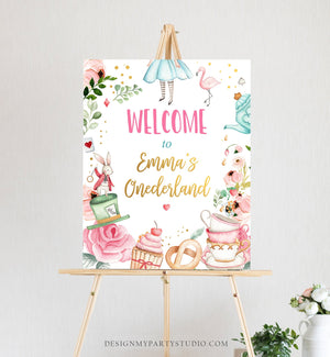 Editable Alice in Wonderland Welcome Sign Alice in Onederland Birthday Sign Girl Pink Mad Tea Party Shower Template Corjl PRINTABLE 0350