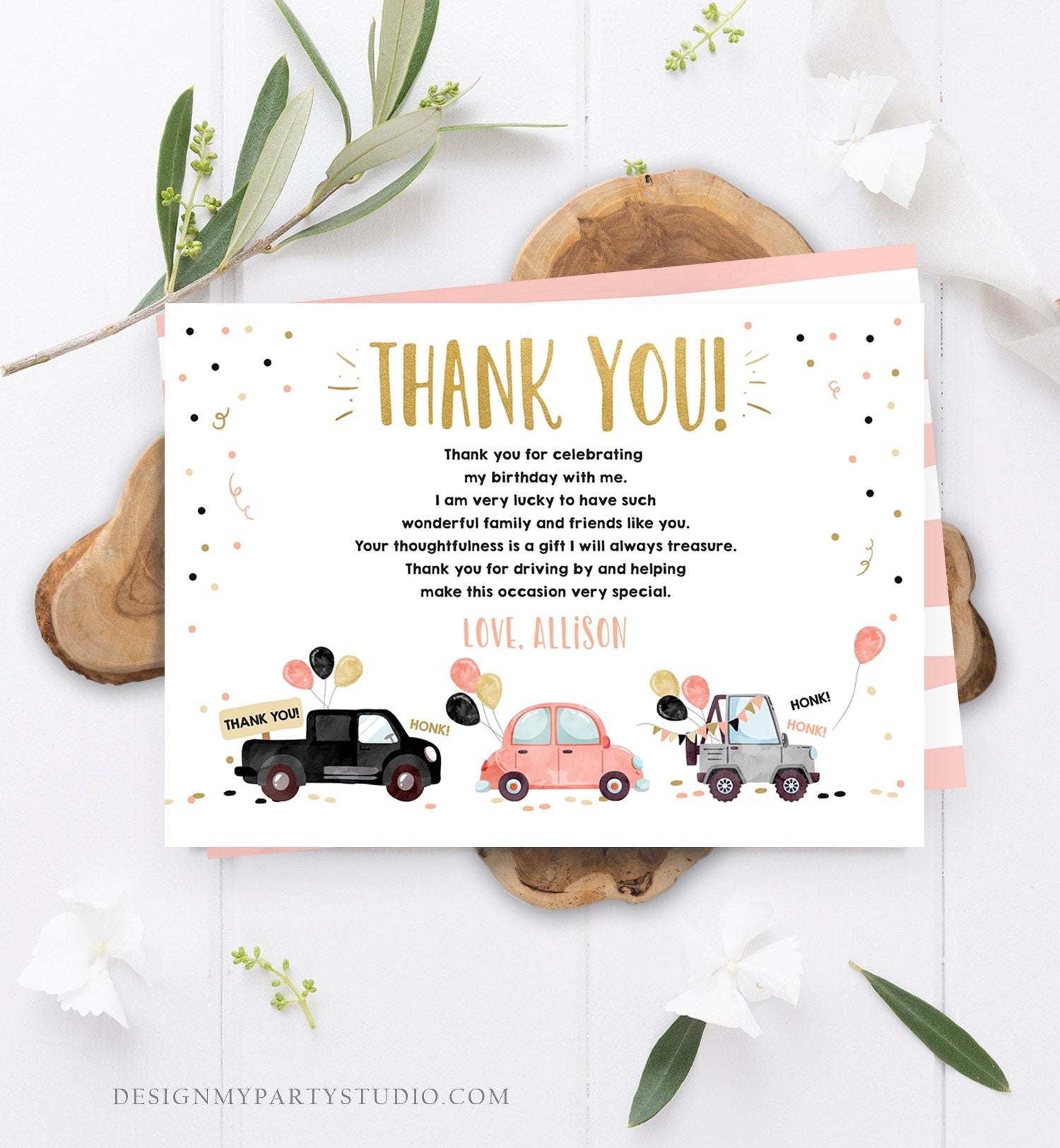 Editable Drive By Birthday Parade Thank You Card Virtual Party Invite Honk Wave Car Coral Quarantine Instant Download Digital Corjl 0337