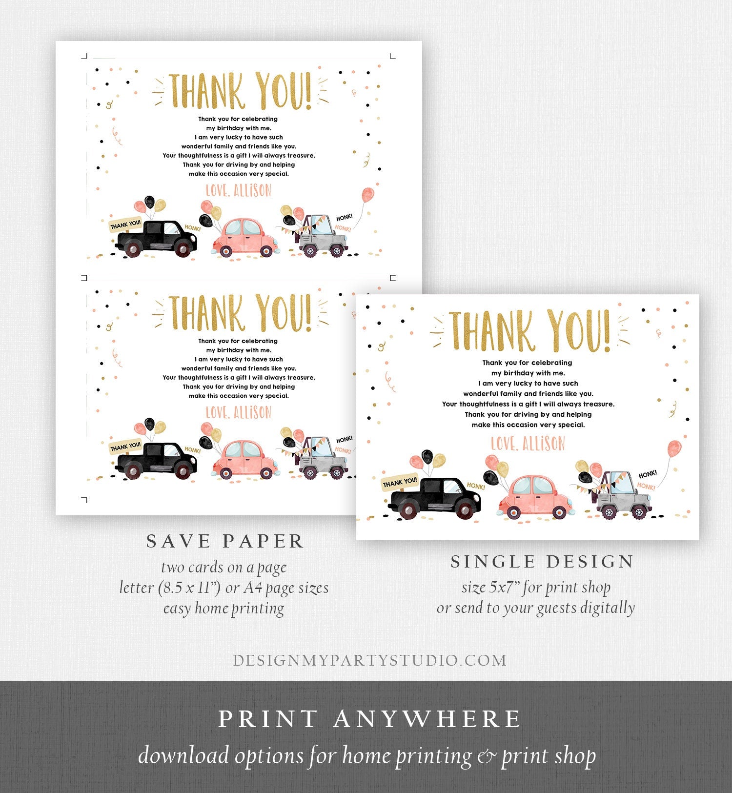 Editable Drive By Birthday Parade Thank You Card Virtual Party Invite Honk Wave Car Coral Quarantine Instant Download Digital Corjl 0337