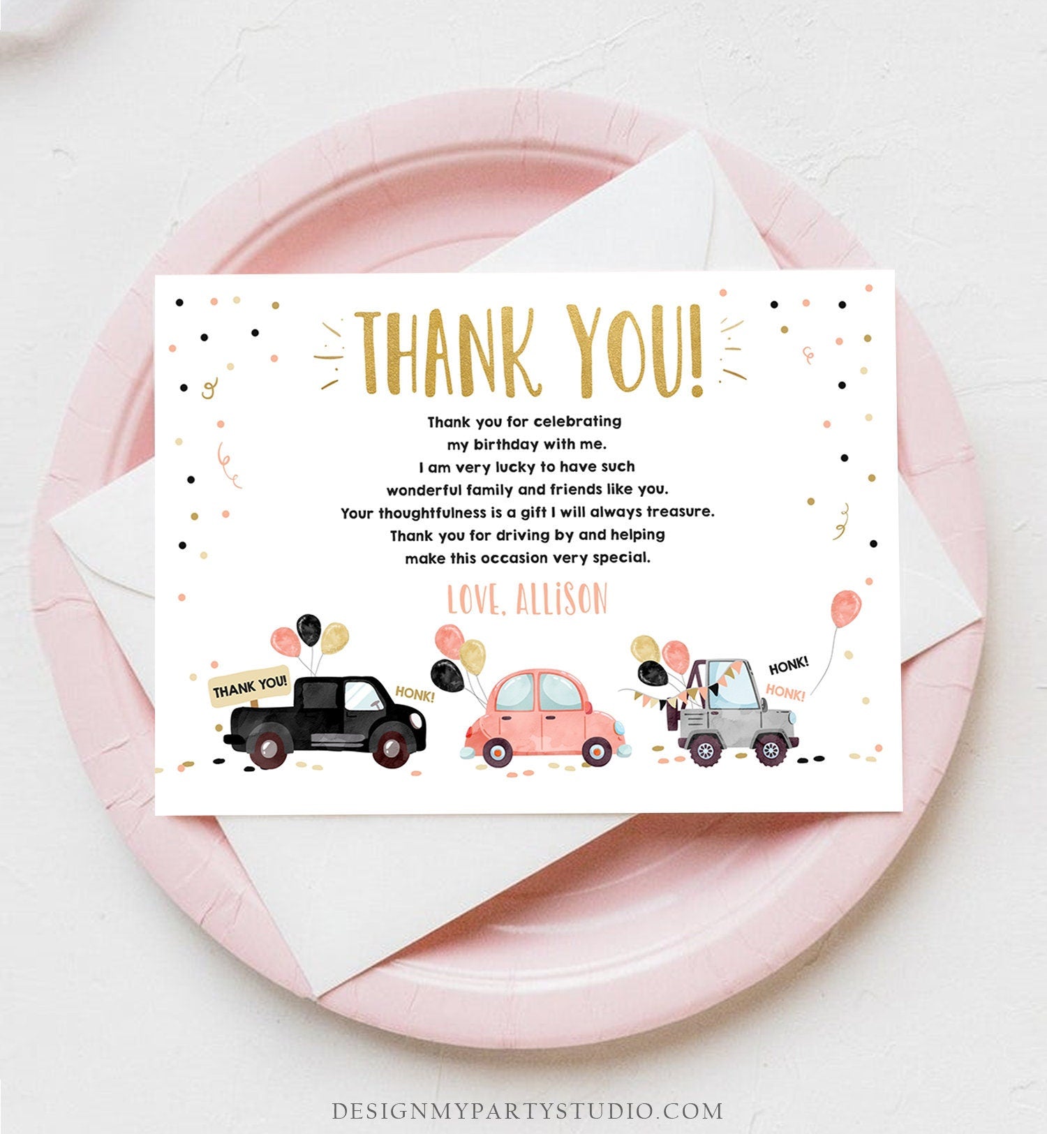 Editable Drive By Birthday Parade Thank You Card Virtual Party Invite Honk Wave Car Coral Quarantine Instant Download Digital Corjl 0337