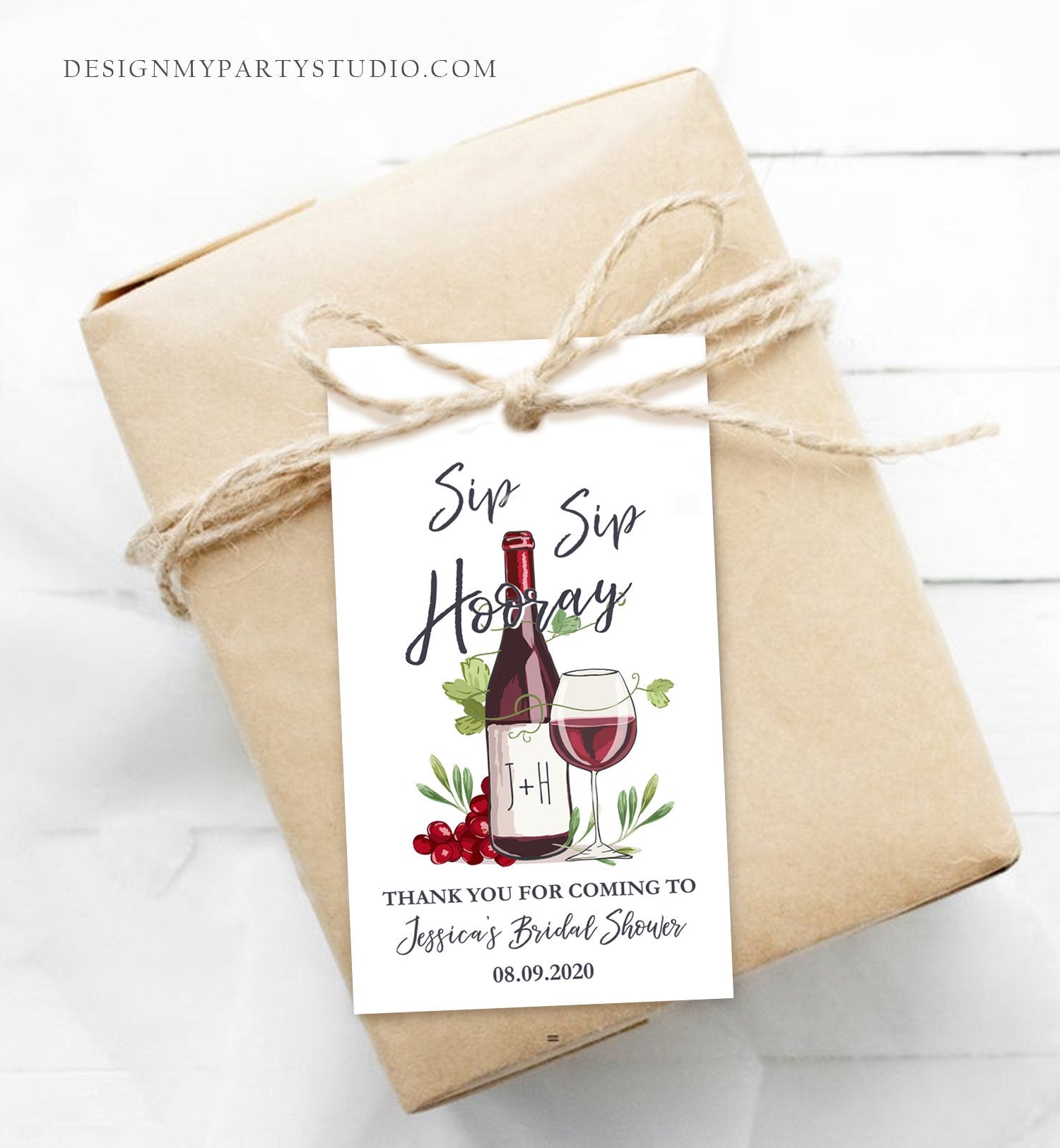 Editable Sip Sip Hooray Bridal Shower Favor Tags Thank You Tags Mini Wine Bottle Favor Wedding Wine Bridal Shower Rustic Corjl Template 0234