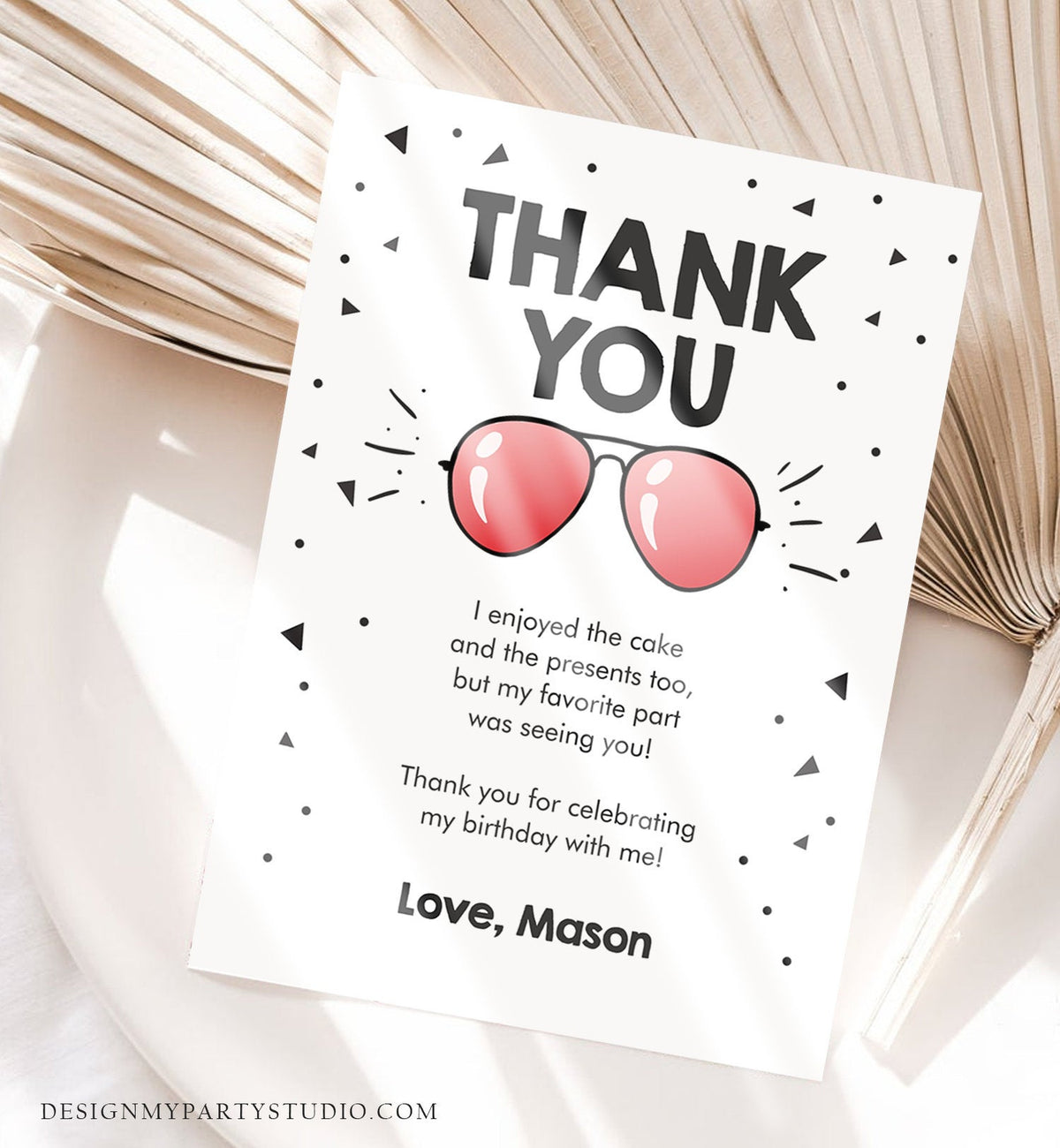 Editable Thank You Card Two Cool Birthday Boy Sunglasses Palm Second Birthday Party Note White Red Download Corjl Template Printable 0136