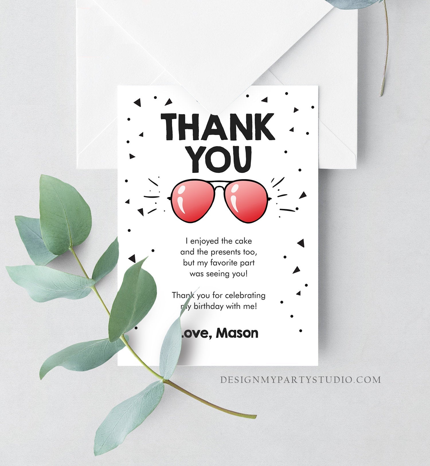 Editable Thank You Card Two Cool Birthday Boy Sunglasses Palm Second Birthday Party Note White Red Download Corjl Template Printable 0136