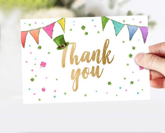 St Patricks Day Thank you Card St Patrick&#39;s Day Birthday Thank You Note Shamrock Girl Gold Lucky One Birthday 4x6&quot;  Instant Download 0115