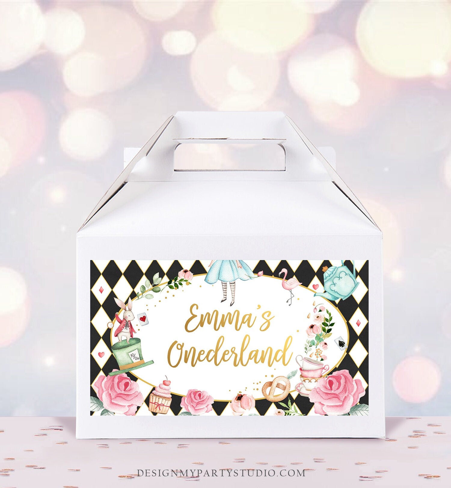 Editable Alice in Wonderland Gable Gift Box Label Alice In Onederland Birthday Girl Treat Box Label Tea Party Download Printable Corjl 0350