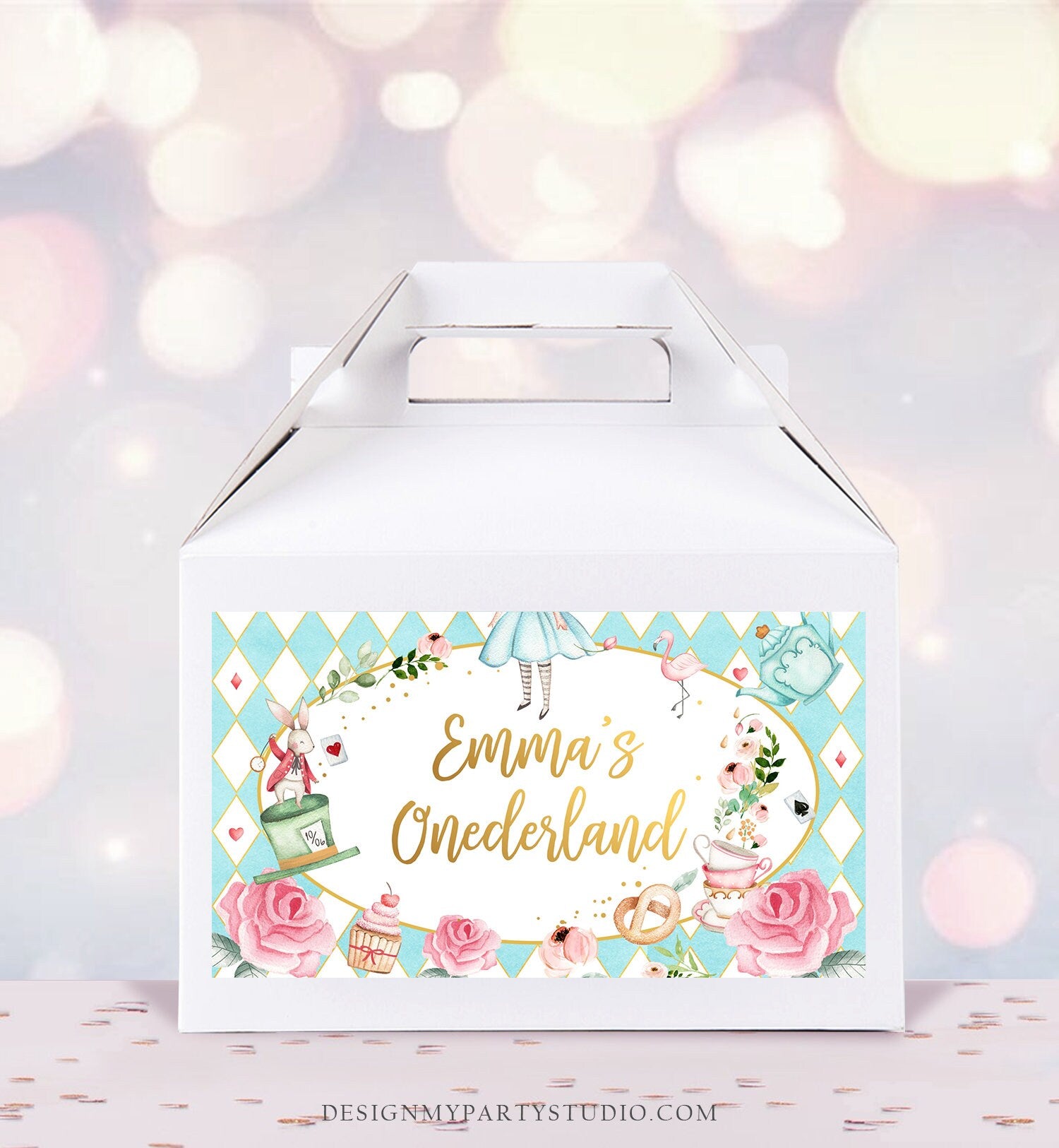 Editable Alice in Wonderland Gable Gift Box Label Alice In Onederland Birthday Girl Treat Box Label Tea Party Download Printable Corjl 0350