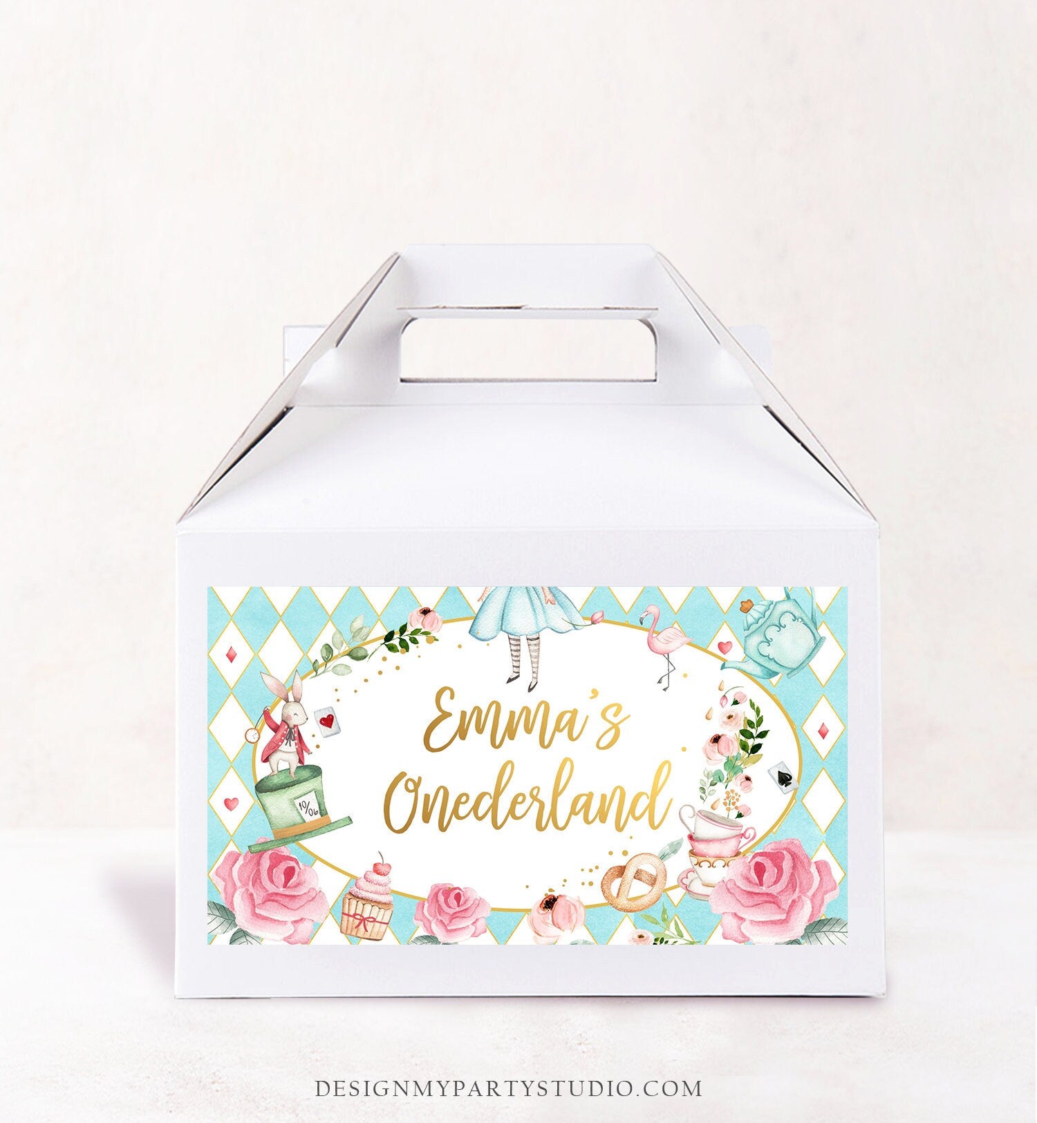 Editable Alice in Wonderland Gable Gift Box Label Alice In Onederland Birthday Girl Treat Box Label Tea Party Download Printable Corjl 0350