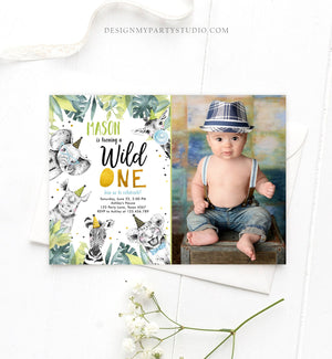 Editable Wild One Birthday Invitation Safari Party Animals Boy Gold First Birthday Born to be Wild Monochrome Corjl Template Printable 0322