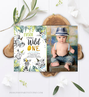 Editable Wild One Birthday Invitation Safari Party Animals Boy Gold First Birthday Born to be Wild Monochrome Corjl Template Printable 0322