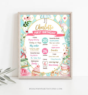 Editable Alice in Onederland Birthday Milestones Sign Girl First Birthday 1st Alice in Wonderland Chalkboard Corjl Template Printable 0350