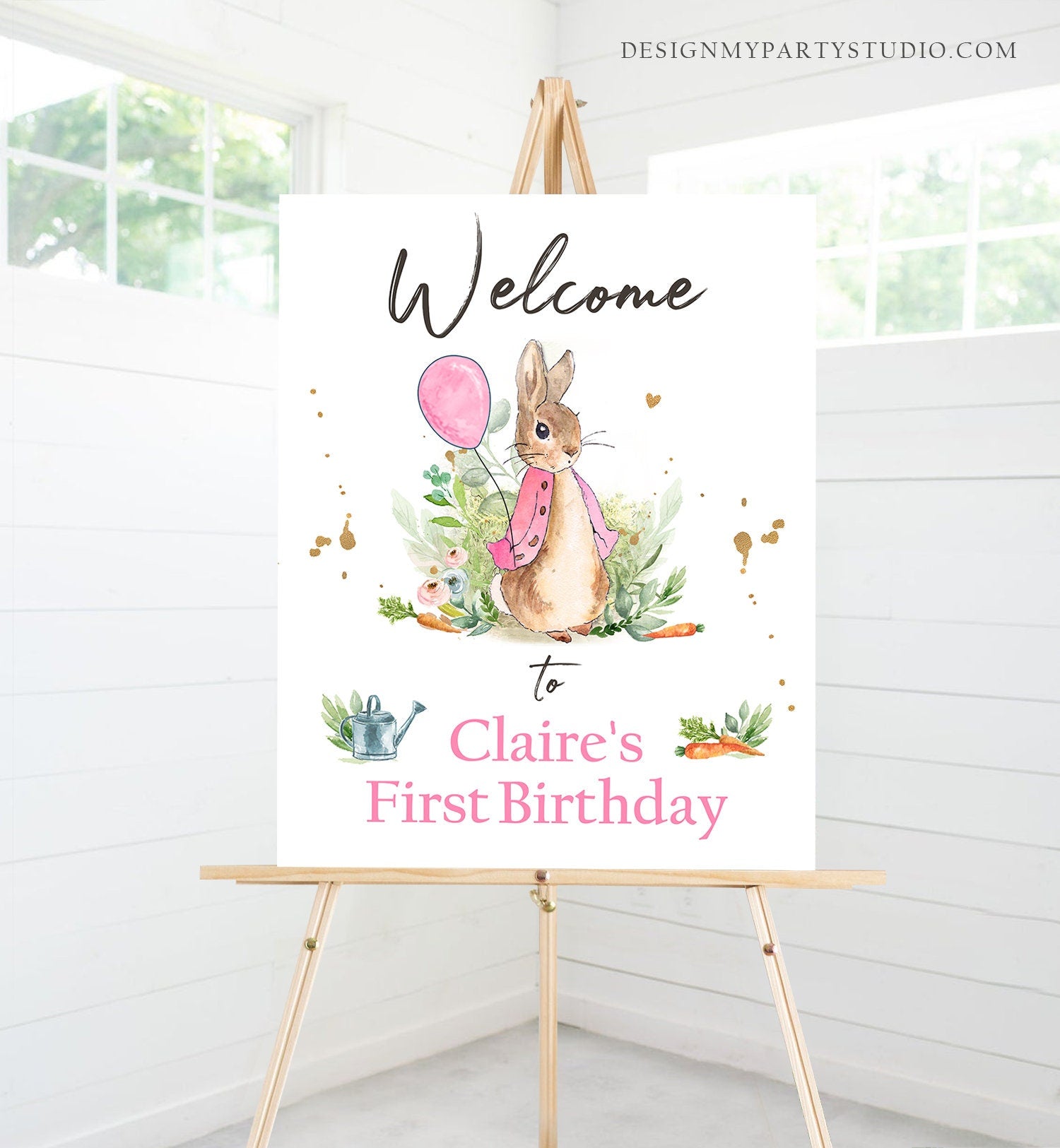 Editable Flopsy Bunny Welcome Sign Girl Birthday Baby Shower Welcome 1st Birthday Rabbit Watercolor Pink Template Corjl PRINTABLE 0351