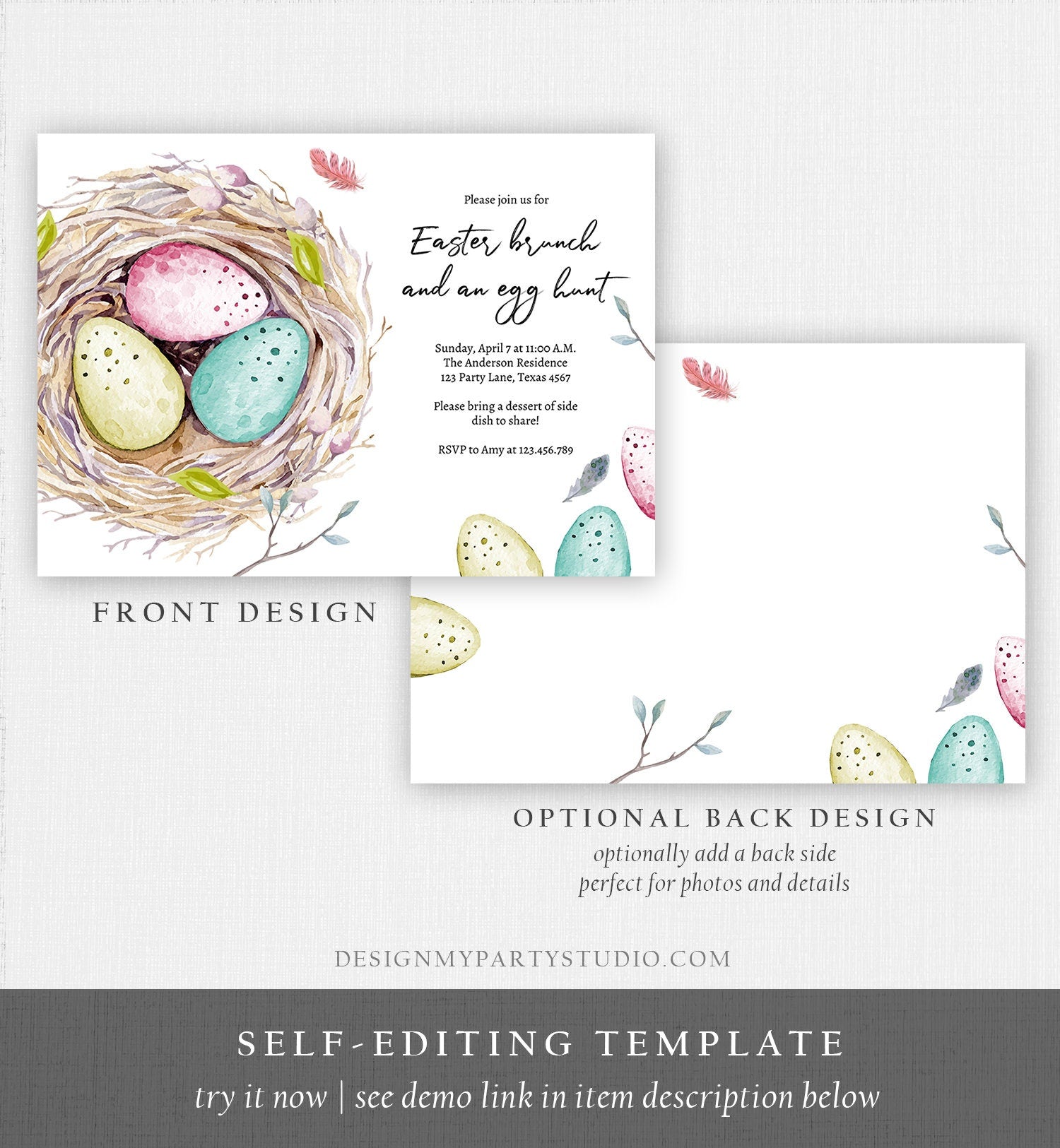 Editable Easter Egg Hunt Invitation Easter Brunch Easter Party Invite Colored Eggs Nest Download Printable Template Corjl Digital 0449 0393