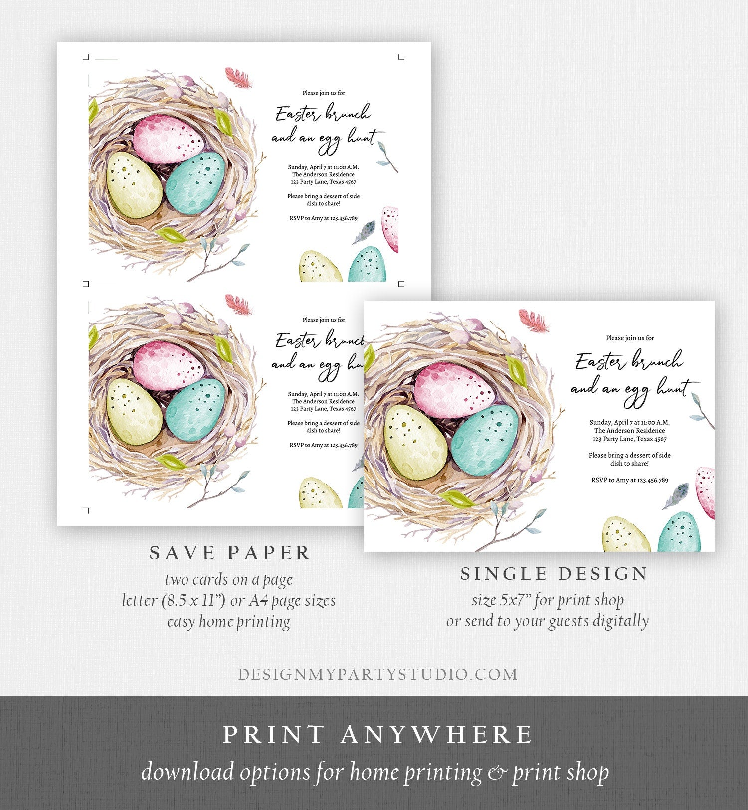 Editable Easter Egg Hunt Invitation Easter Brunch Easter Party Invite Colored Eggs Nest Download Printable Template Corjl Digital 0449 0393