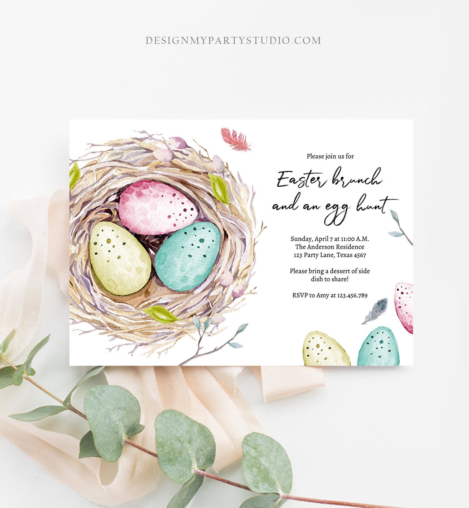 Editable Easter Egg Hunt Invitation Easter Brunch Easter Party Invite Colored Eggs Nest Download Printable Template Corjl Digital 0449 0393