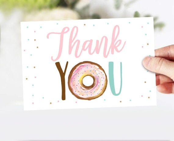 Donut Thank you Card Donut Birthday Sweet One Donut Pink Girl Birthday Donut Baby Shower Thank You Note 4x6&quot; Printable Instant Download 0368