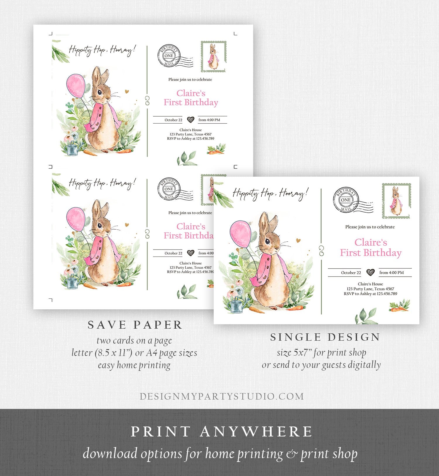 Editable Flopsy Bunny Birthday Invitation Gril Pink Rustic Peter Rabbit 1st Birthday Invite Watercolor Digital Corjl Template Printable 0351