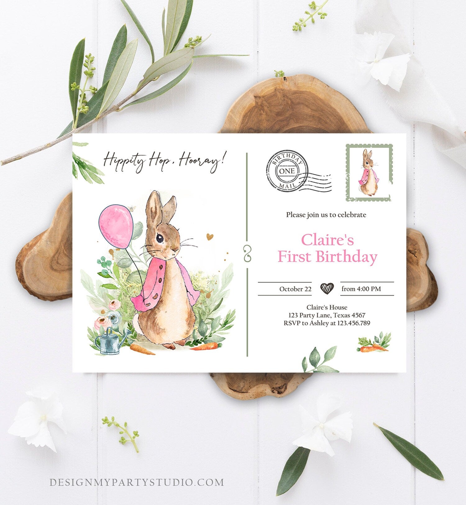 Editable Flopsy Bunny Birthday Invitation Gril Pink Rustic Peter Rabbit 1st Birthday Invite Watercolor Digital Corjl Template Printable 0351