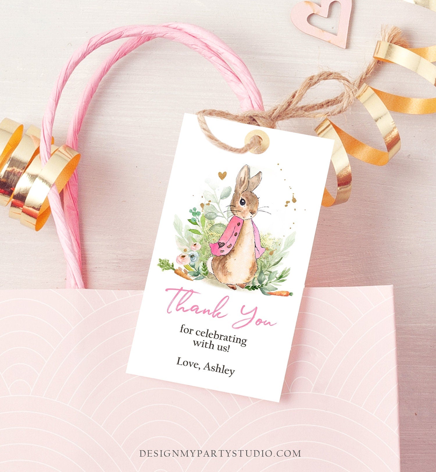 Editable Flopsy Bunny Baby Shower Favor Tags Bunny Thank you Tags Pink Girl Shower Labels Watercolor Printable Download Corjl Template 0351