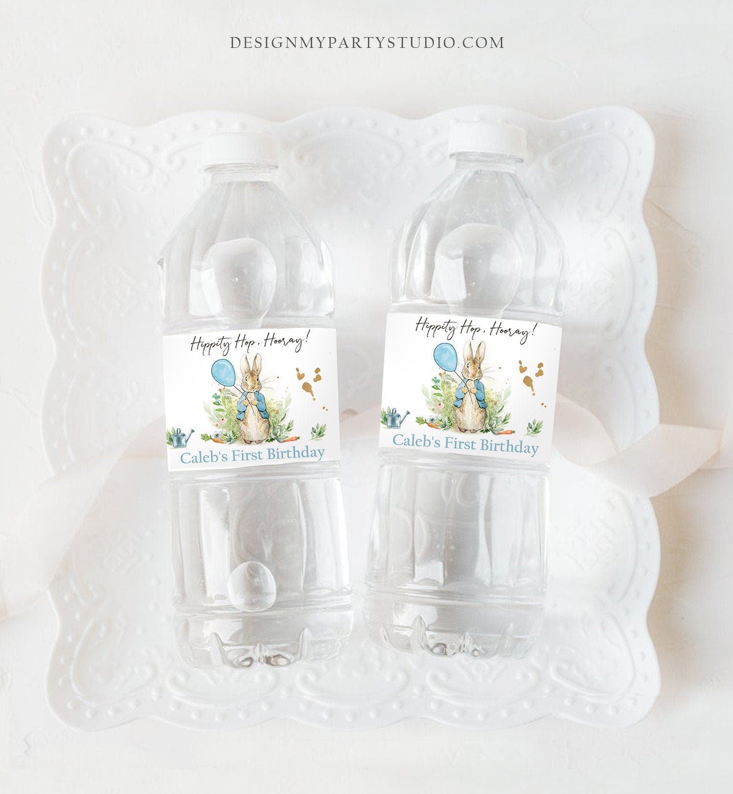 Editable Peter Rabbit Water Bottle Labels Peter Rabbit Party Decor Bunny Birthday Rustic Watercolor Boy Blue Printable Template Corjl 0351