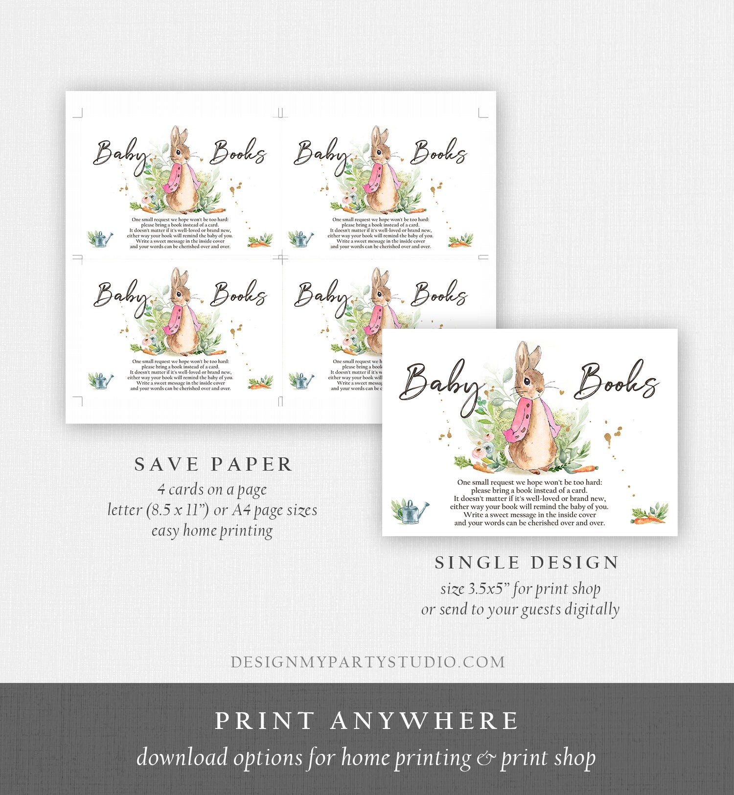 Editable Flopsy Bunny Bring a Book Card Peter Rabbit Baby Shower Book Insert Books for Baby Girl Spring Rustic Template PRINTABLE Corjl 0351