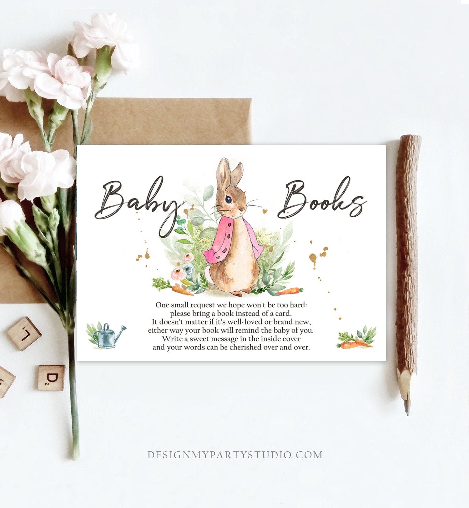 Editable Flopsy Bunny Bring a Book Card Peter Rabbit Baby Shower Book Insert Books for Baby Girl Spring Rustic Template PRINTABLE Corjl 0351