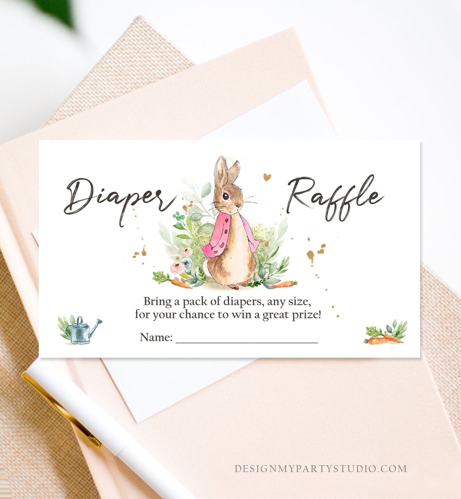 Editable Diaper Raffle Ticket Flopsy Bunny Diaper Game Card Peter Rabbit Baby shower insert Pink Girl Download Template Corjl PRINTABLE 0351