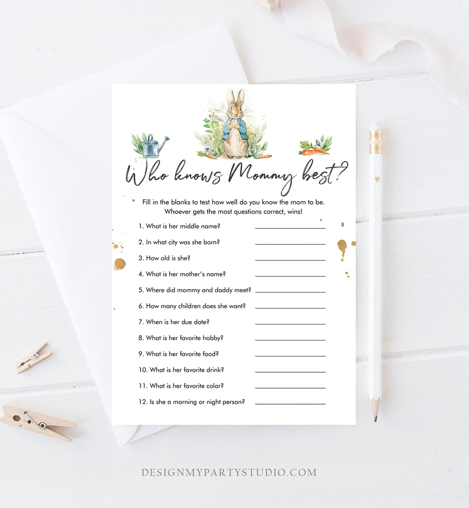 Editable Who Knows Mommy Best Baby Shower Game Greenery Peter Rabbit Baby Shower Bunny Shower Rustic Spring Corjl Template Printable 0351