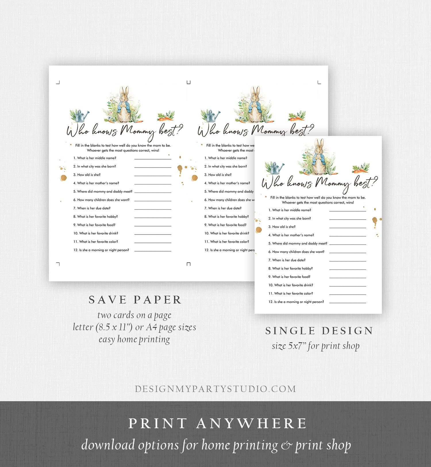 Editable Who Knows Mommy Best Baby Shower Game Greenery Peter Rabbit Baby Shower Bunny Shower Rustic Spring Corjl Template Printable 0351