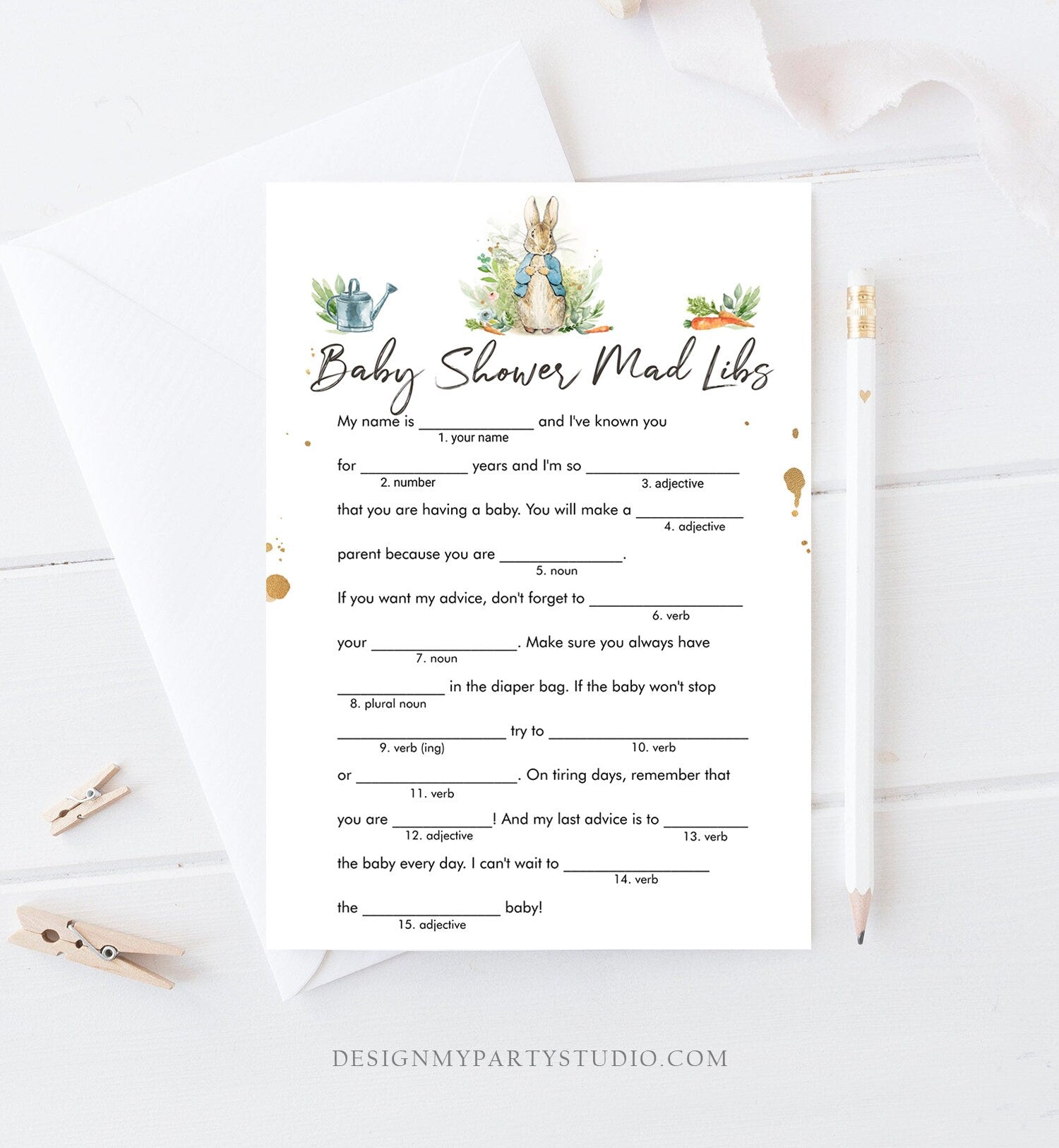 Editable Mad Libs Baby Shower Game Greenery Advice Mom to Be Peter Rabbit Baby Shower Bunny Spring Boy Rustic Corjl Template Printable 0351