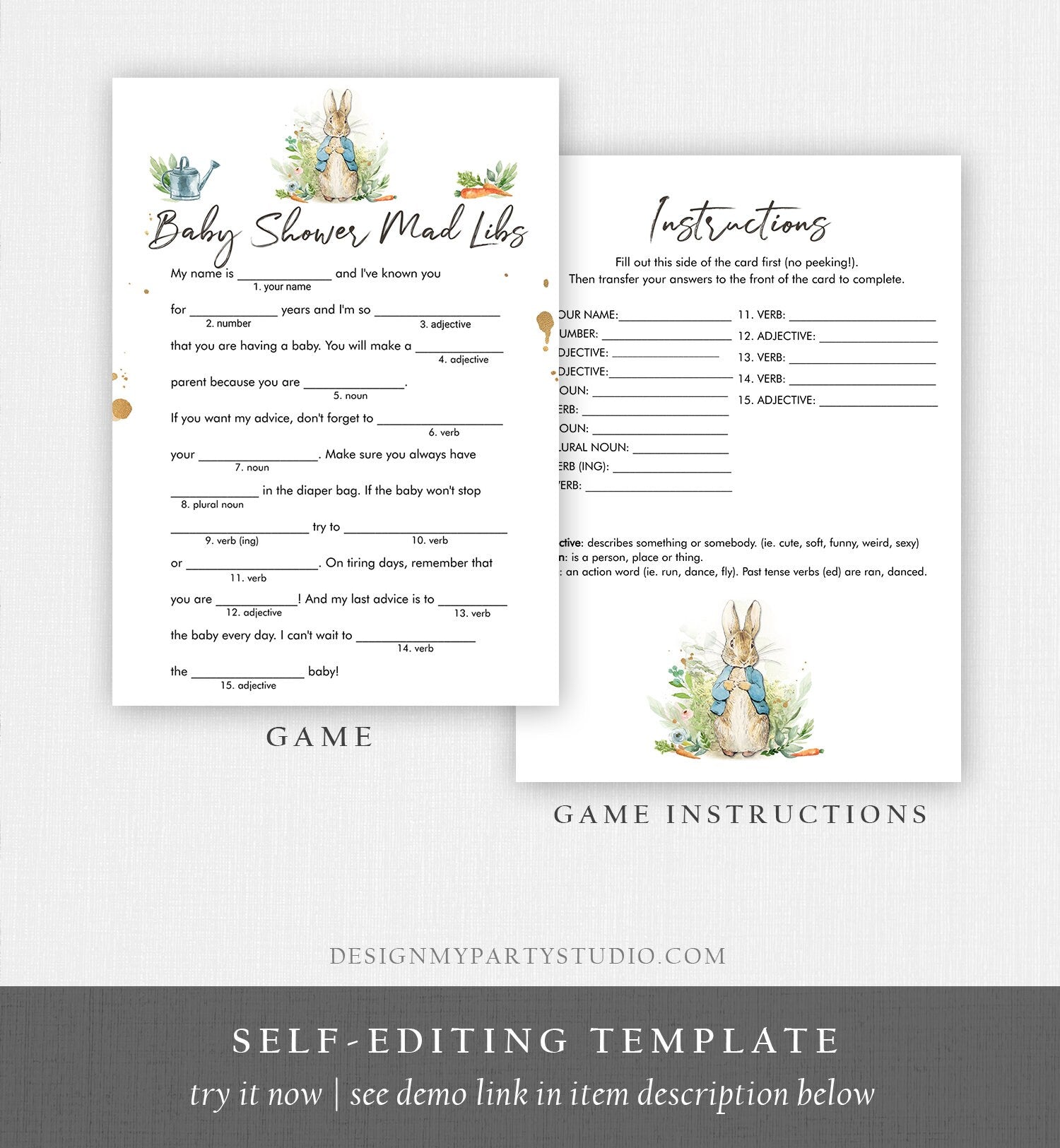 Editable Mad Libs Baby Shower Game Greenery Advice Mom to Be Peter Rabbit Baby Shower Bunny Spring Boy Rustic Corjl Template Printable 0351