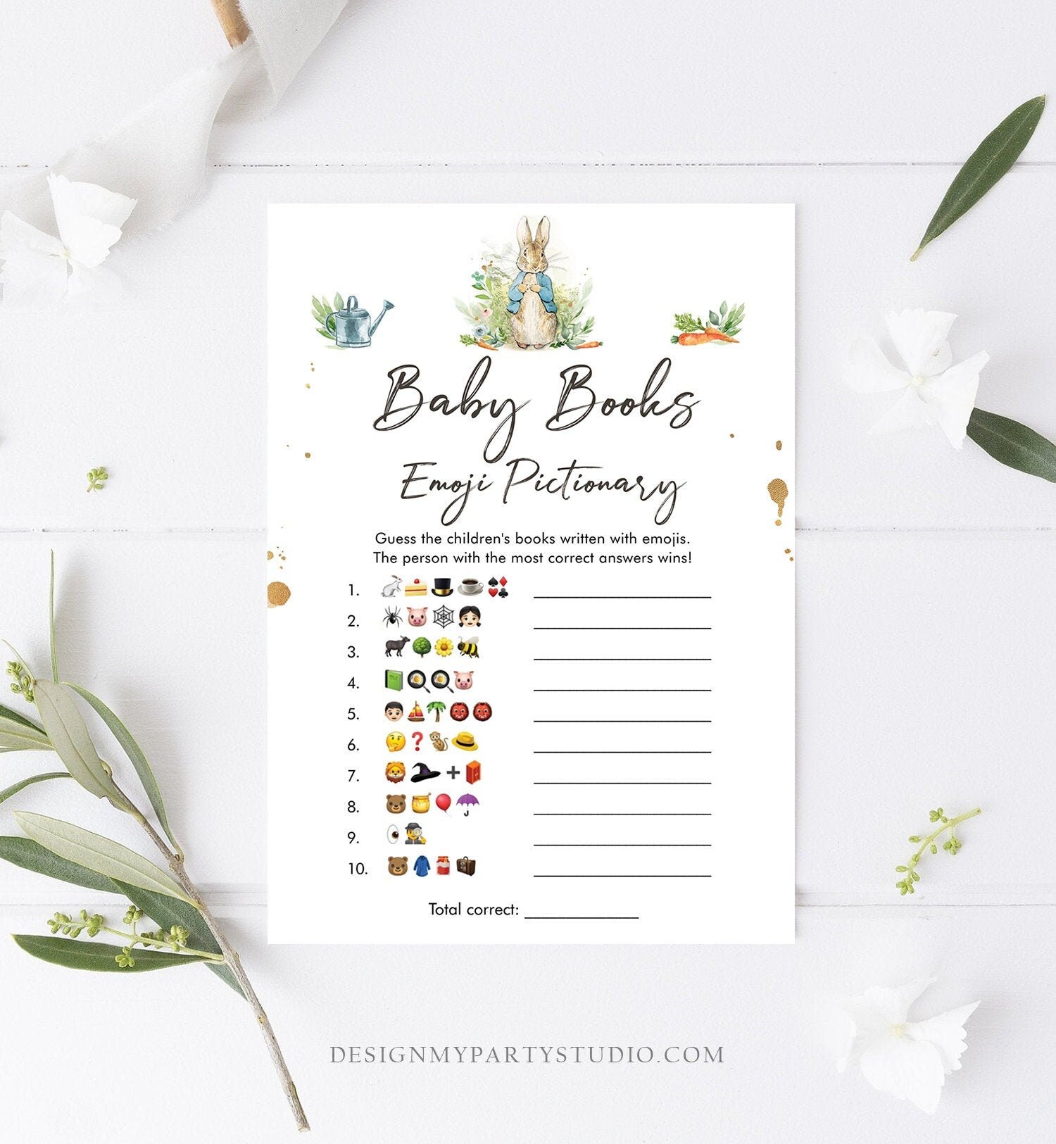 Editable Emoji Pictionary Baby Shower Game Baby Books Greenery Peter Rabbit Shower Bunny Baby Shower Boy Corjl Template Printable 0351