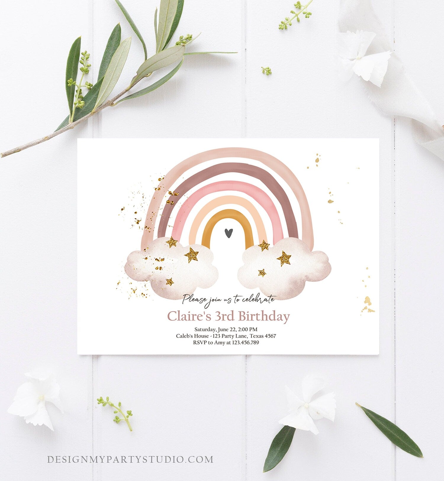 Editable Rainbow Birthday Invitation Boho Rainbow Invite Pastel 1st Birthday Girls Birthday Party Printable Download Corjl Template 0387