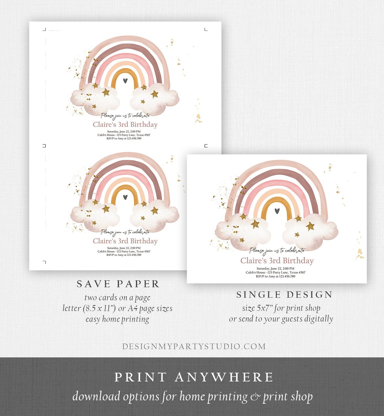 Editable Rainbow Birthday Invitation Boho Rainbow Invite Pastel 1st Birthday Girls Birthday Party Printable Download Corjl Template 0387