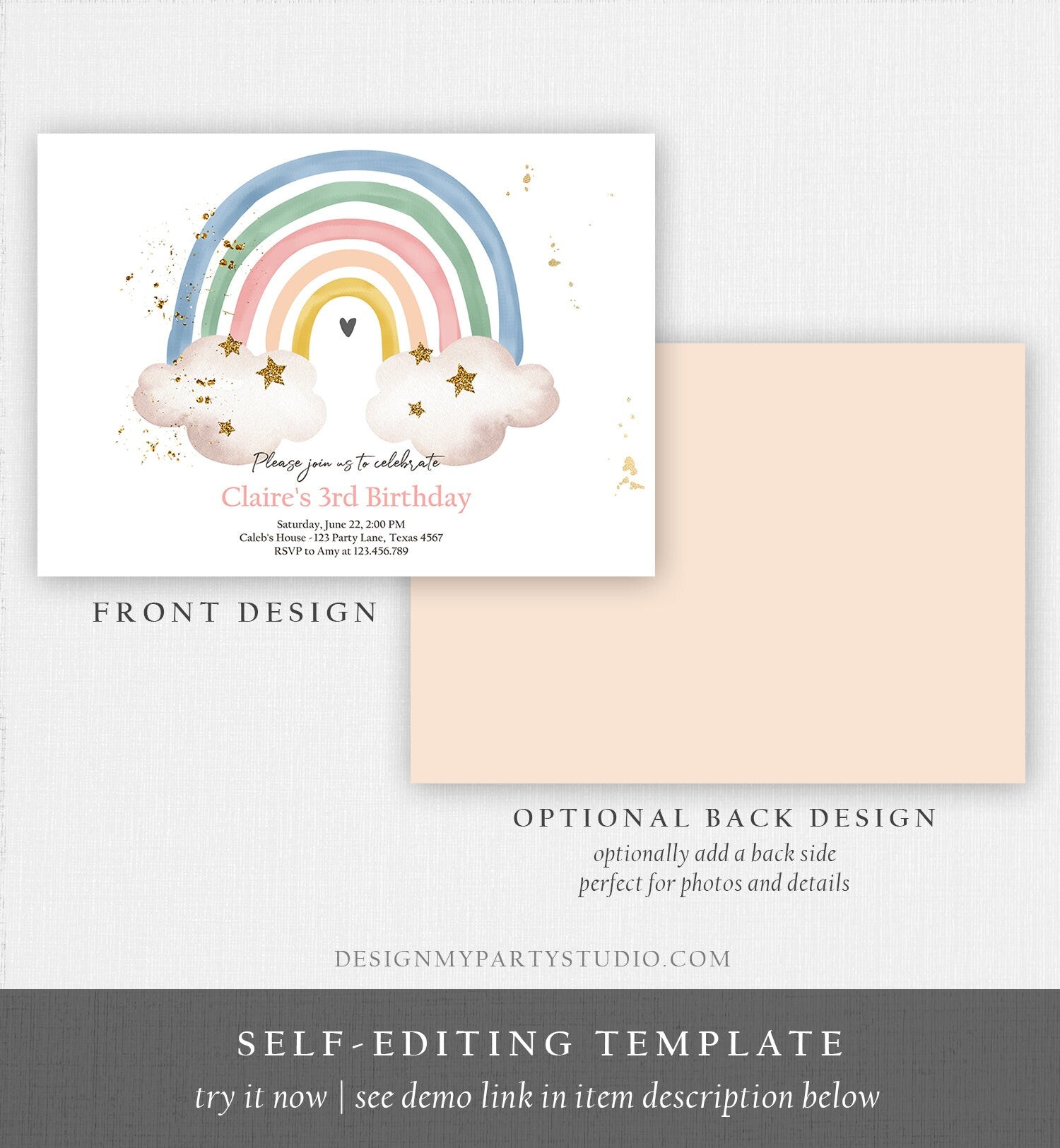 Editable Rainbow Birthday Invitation Boho Rainbow Invite Pastel 1st Birthday Girls Birthday Party Printable Download Corjl Template 0387