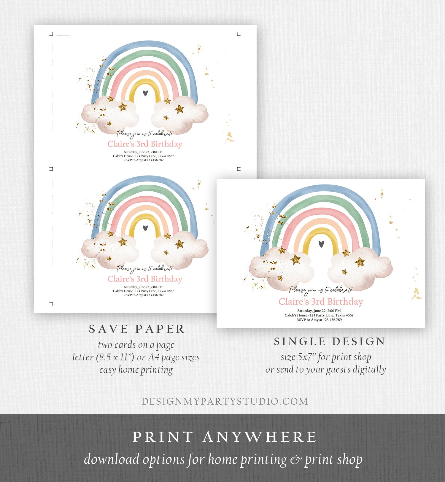 Editable Rainbow Birthday Invitation Boho Rainbow Invite Pastel 1st Birthday Girls Birthday Party Printable Download Corjl Template 0387