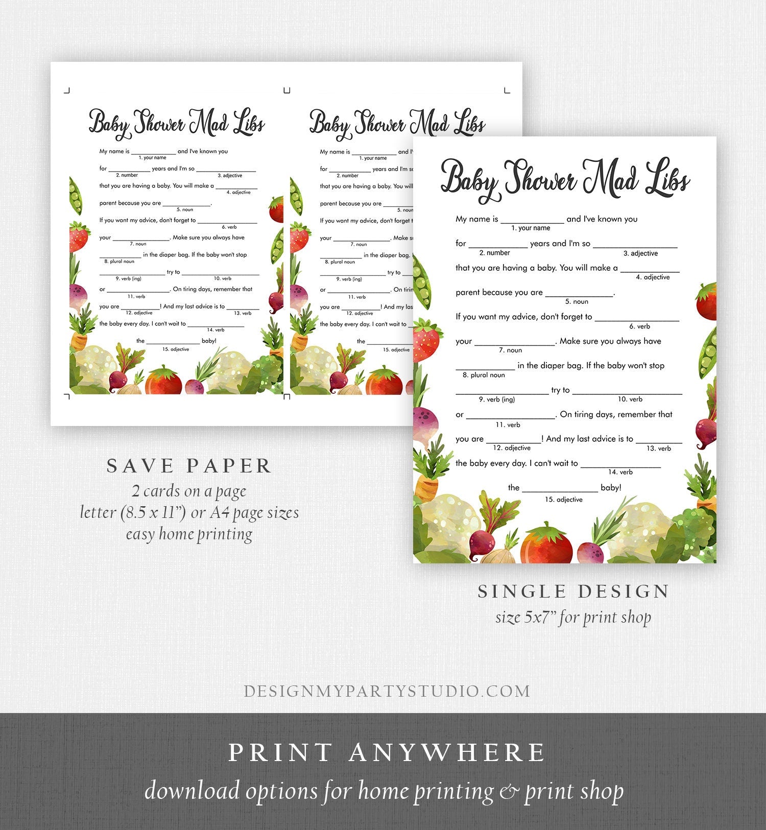 Editable Mad Libs Baby Shower Game Locally Grown Farmers Market Advice Mom to Be Fruit Vegetable Farm Barn Corjl Template Printable 0144