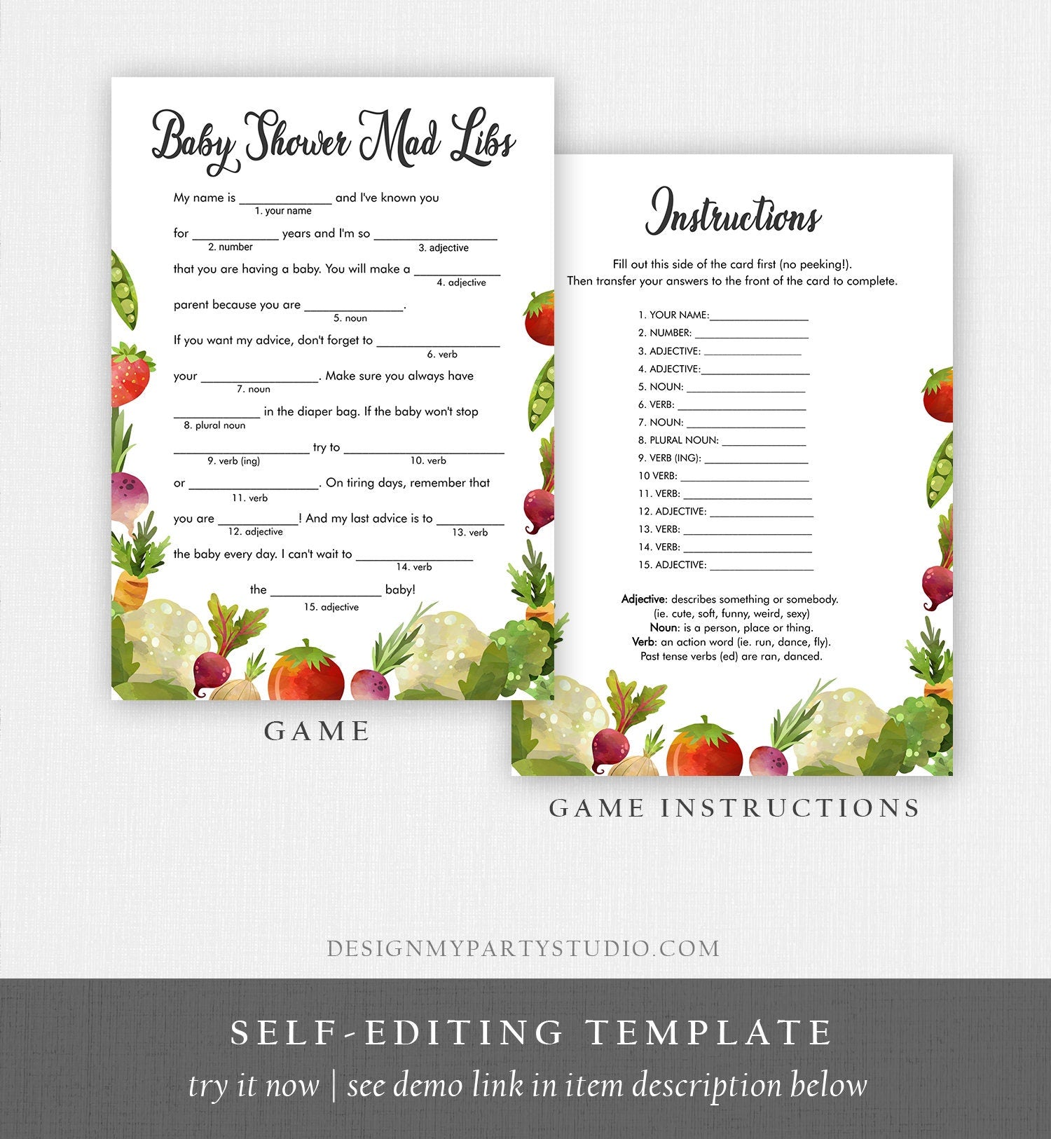 Editable Mad Libs Baby Shower Game Locally Grown Farmers Market Advice Mom to Be Fruit Vegetable Farm Barn Corjl Template Printable 0144