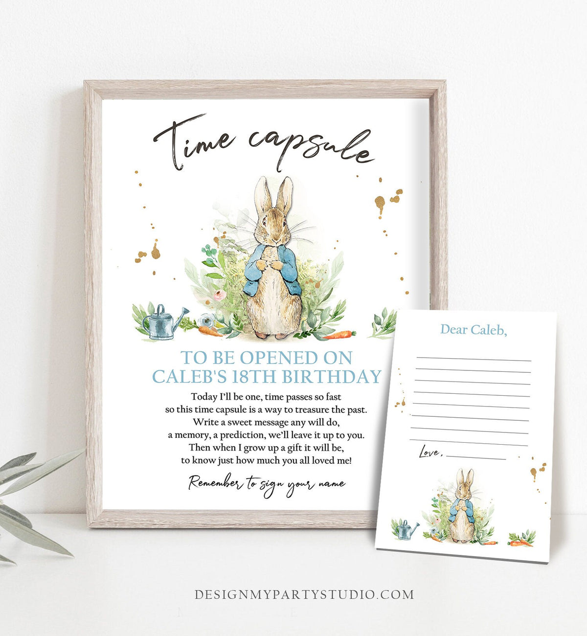 Editable Peter Rabbit Birthday Time Capsule First Birthday Party Watercolor Bunny Boy Birthday Rabbit Download Template Printable Corjl 0351