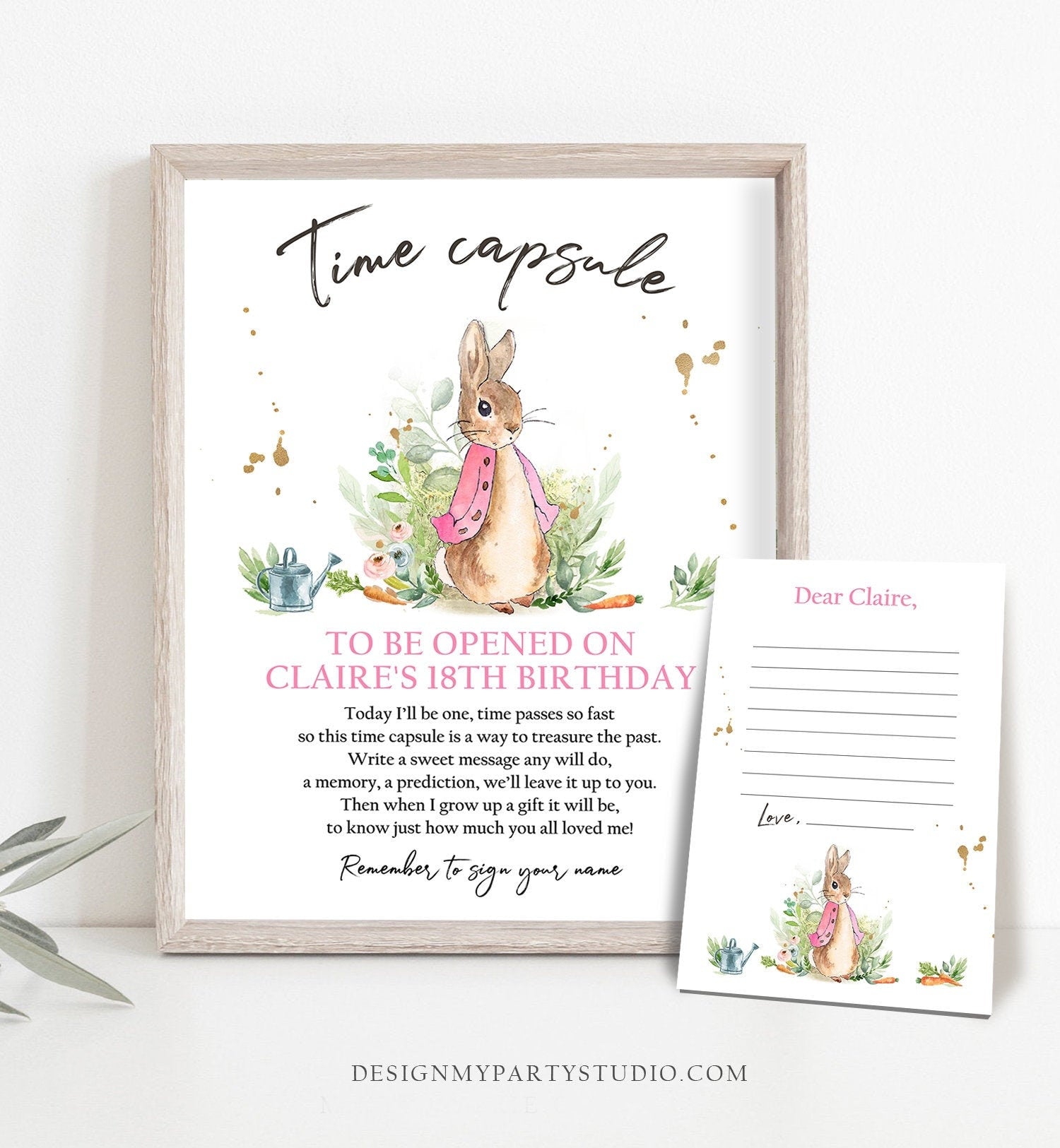 Editable Flopsy Bunny Birthday Time Capsule First Birthday Watercolor Peter Rabbit Girl Birthday Download Template Printable Corjl 0351