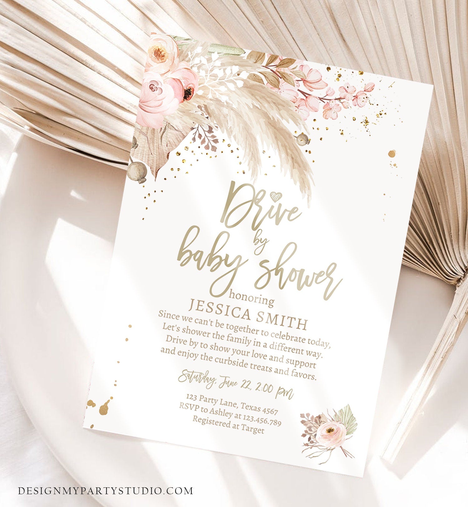 Editable Drive By Pampas Grass Baby Shower Invitation Boho Drive By Bohemian Shower Neutral Tropical Download Printable Template Corjl 0395