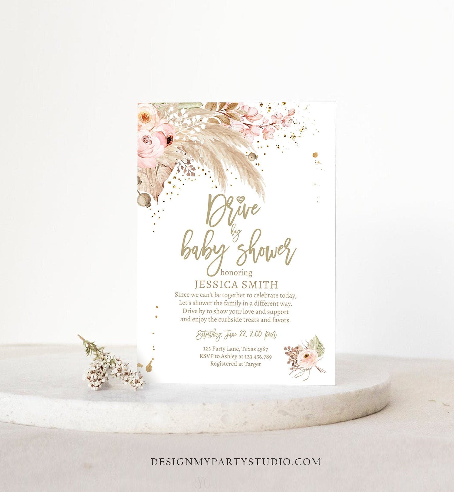 Editable Drive By Pampas Grass Baby Shower Invitation Boho Drive By Bohemian Shower Neutral Tropical Download Printable Template Corjl 0395