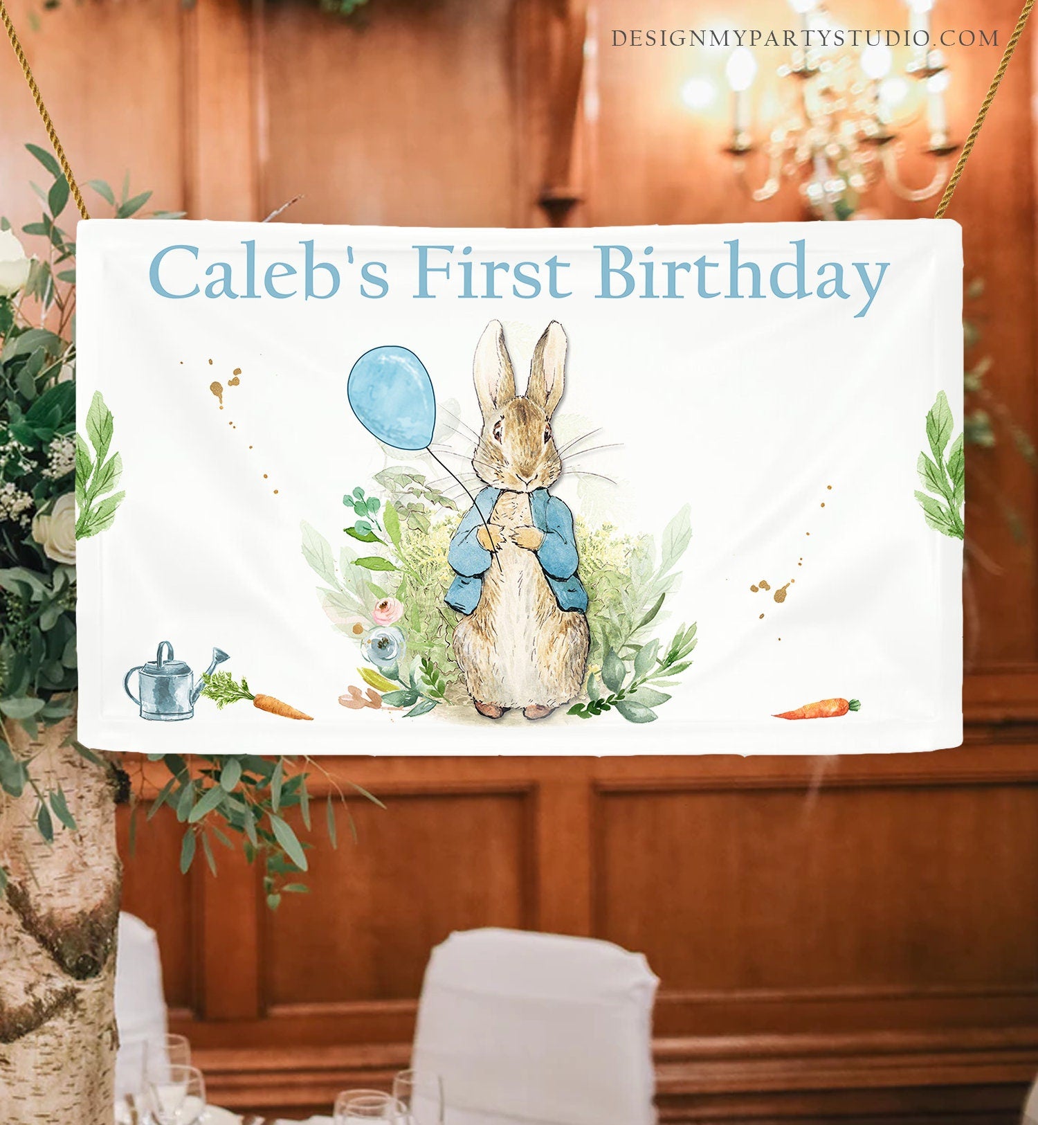 Editable Peter Rabbit Backdrop Banner Bunny Birthday Boy Bunny Birthday Spring Watercolor Rustic Blue Download Corjl Template Printable 0351