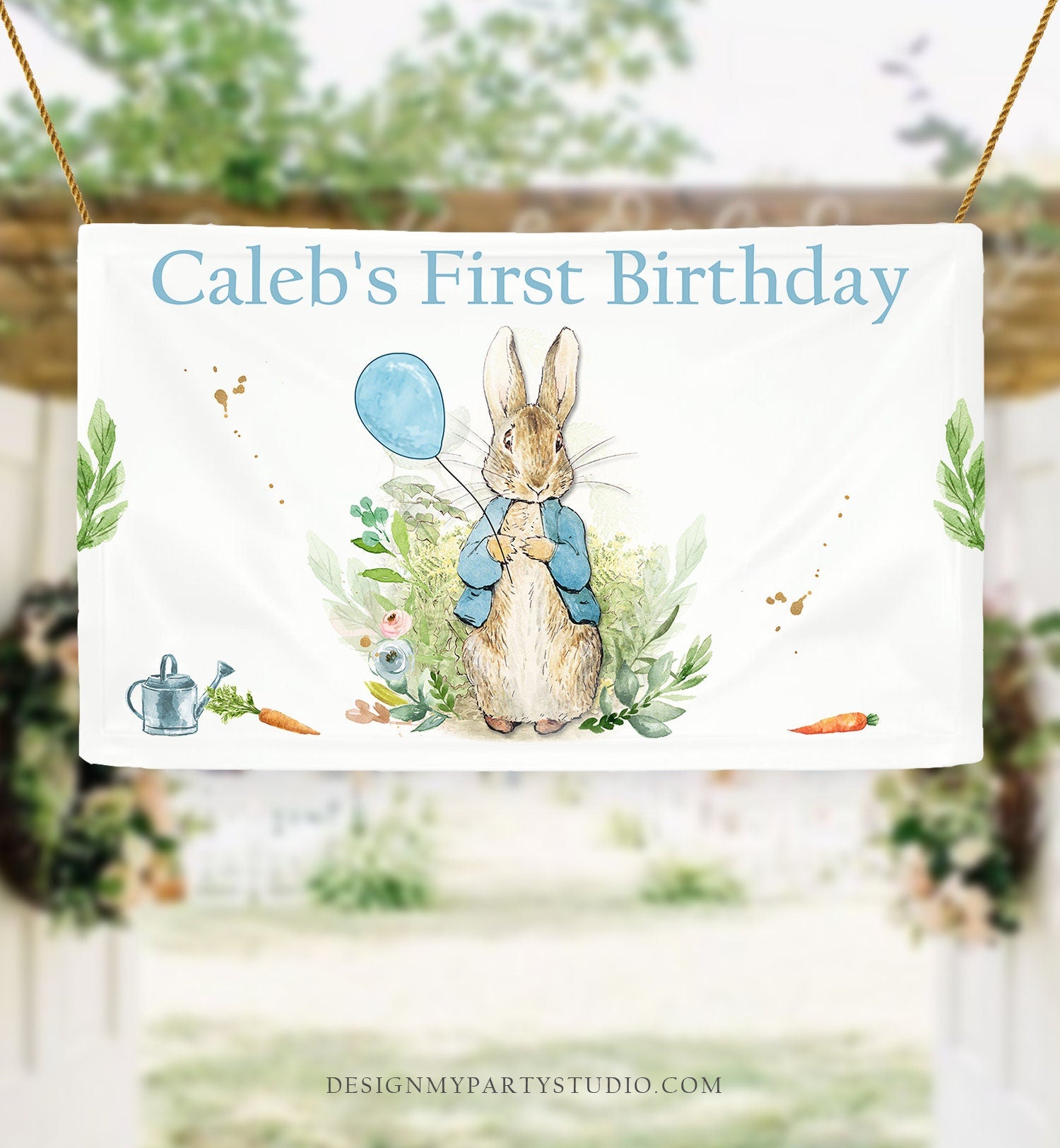 Editable Peter Rabbit Backdrop Banner Bunny Birthday Boy Bunny Birthday Spring Watercolor Rustic Blue Download Corjl Template Printable 0351