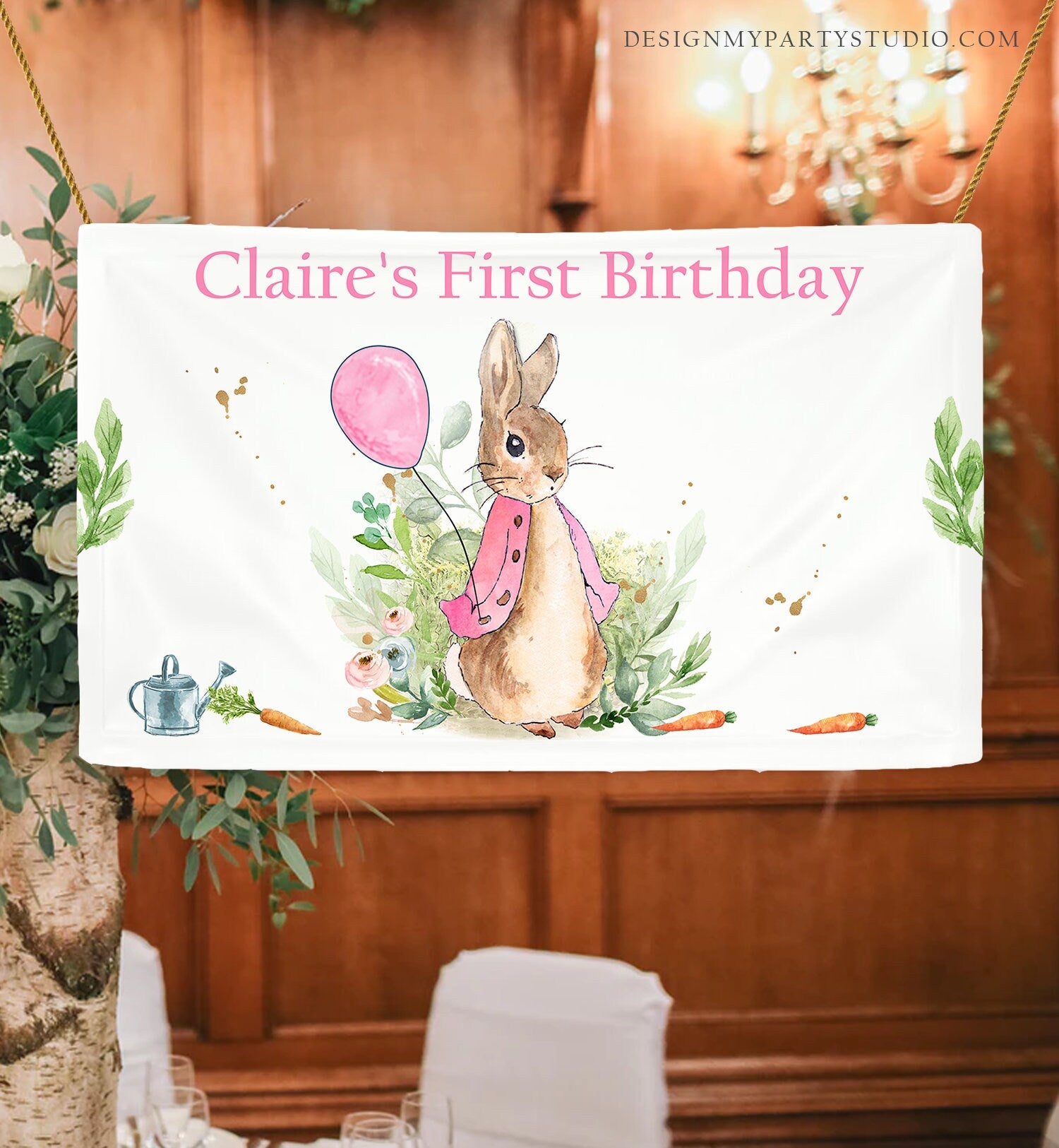 Editable Flopsy Bunny Backdrop Banner Bunny Birthday Girl Peter Rabbit Spring Watercolor Rustic Pink Download Corjl Template Printable 0351