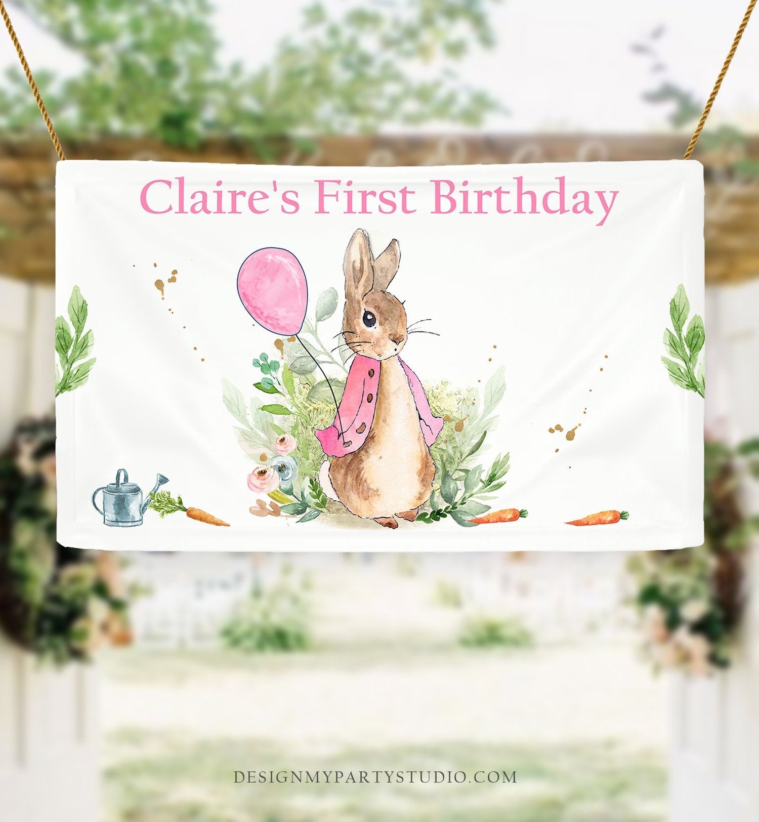 Editable Flopsy Bunny Backdrop Banner Bunny Birthday Girl Peter Rabbit Spring Watercolor Rustic Pink Download Corjl Template Printable 0351