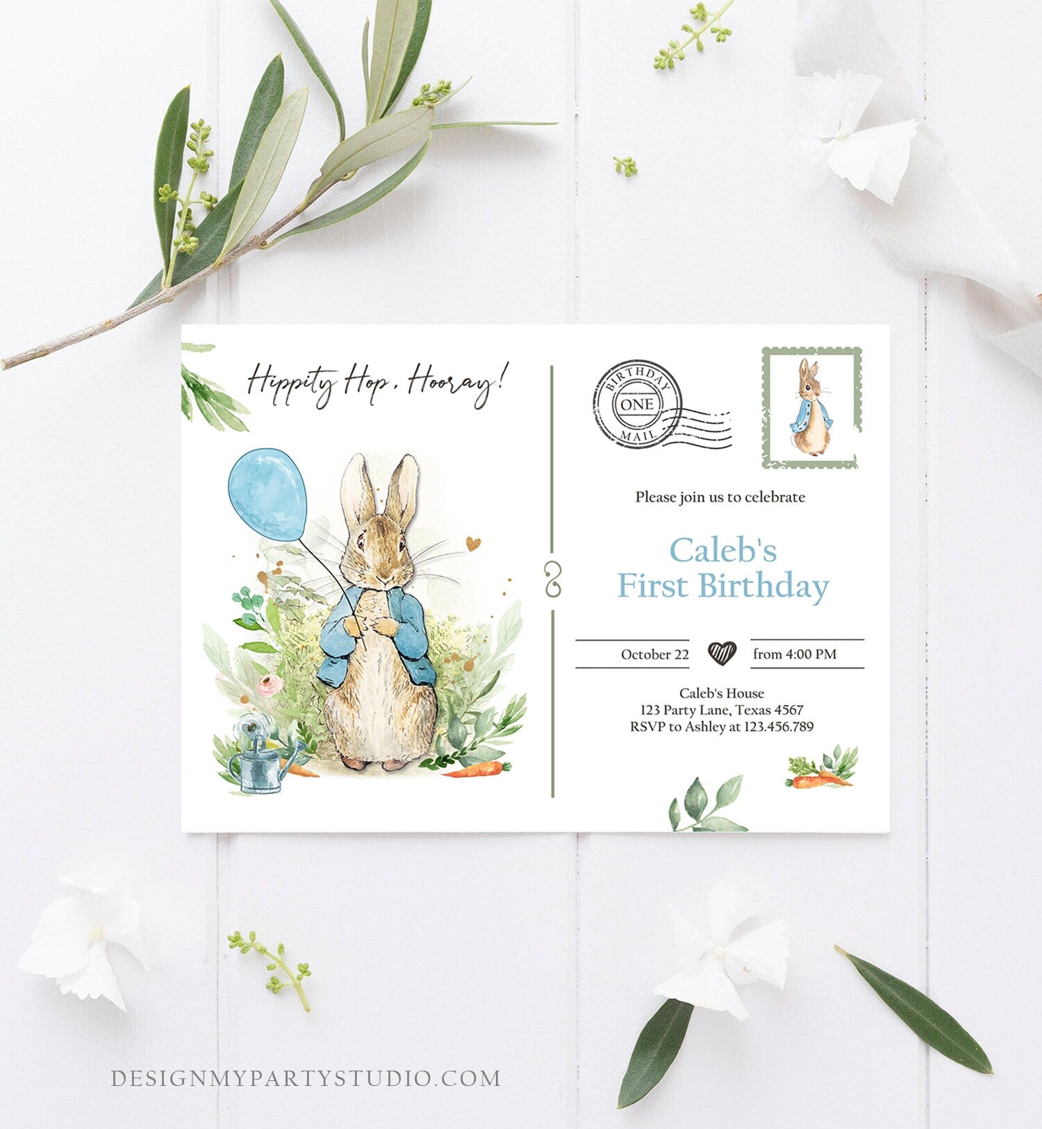 Editable Peter Rabbit Birthday Invitation Boy Blue Rustic Peter Rabbit 1st Birthday Invite Postcard Digital Corjl Template Printable 0351