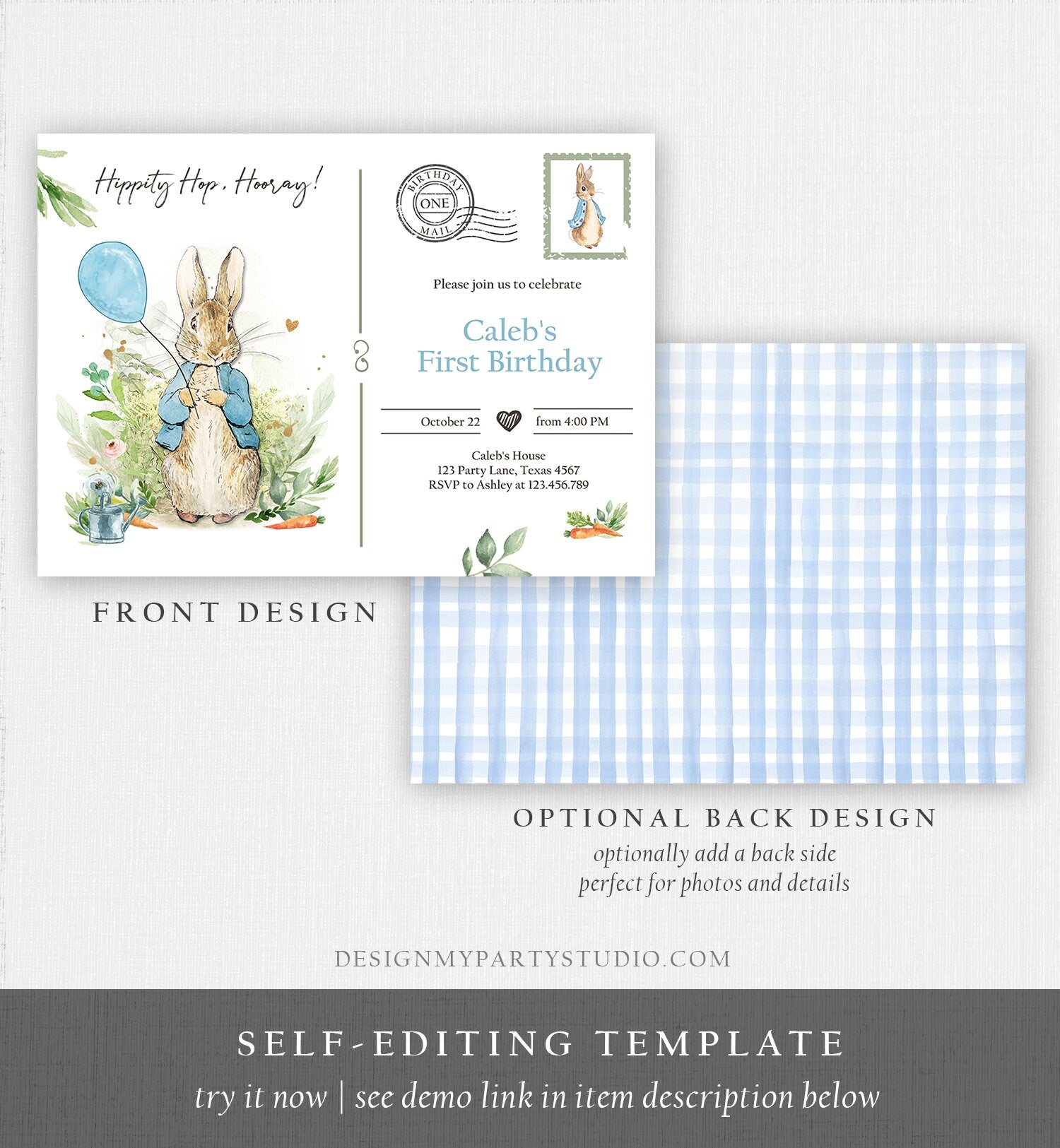 Editable Peter Rabbit Birthday Invitation Boy Blue Rustic Peter Rabbit 1st Birthday Invite Postcard Digital Corjl Template Printable 0351