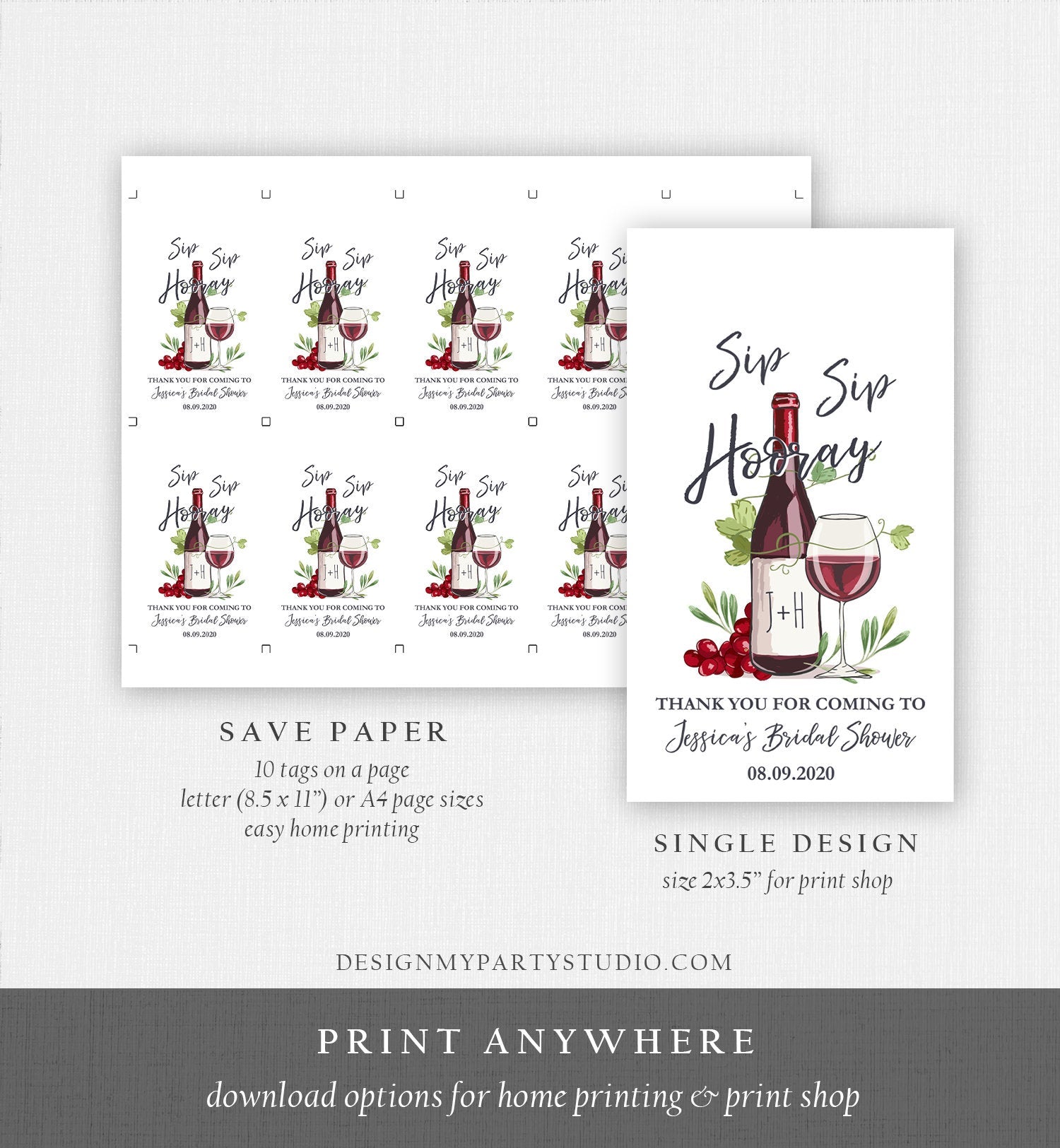 Editable Sip Sip Hooray Bridal Shower Favor Tags Thank You Tags Mini Wine Bottle Favor Wedding Wine Bridal Shower Rustic Corjl Template 0234